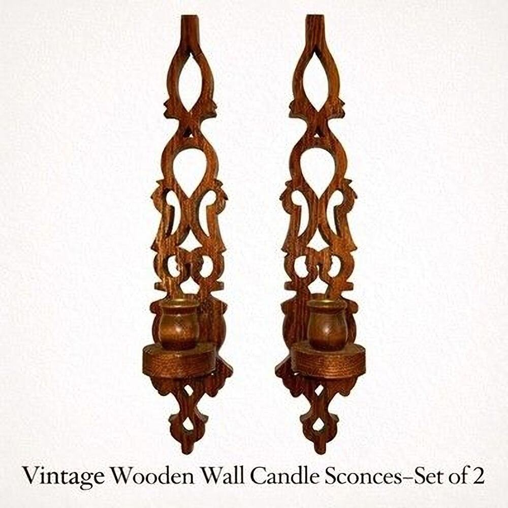 Wooden Wall Sconces Vintage Carved Scroll Cut Brass Cups Set Of 2